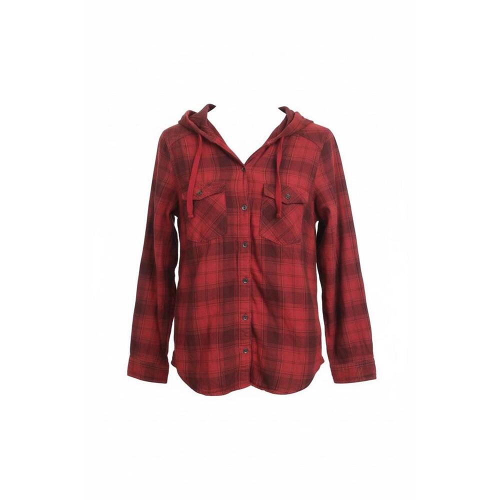 Columbia Times Two Plaid Hooded Women's Medium Deep Red Shirt Roll Tab Sleeves